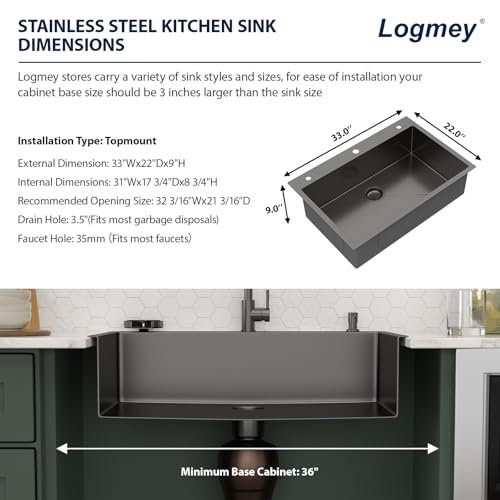 33x22 Black Drop in Kitchen Sink with Pull-out Faucet Soap dispenser 33 Inch Stainless Steel Sinks 16 Guage 304 Single Bowl 9'' Deep Sinks with Cup Washer LMTB33229-F