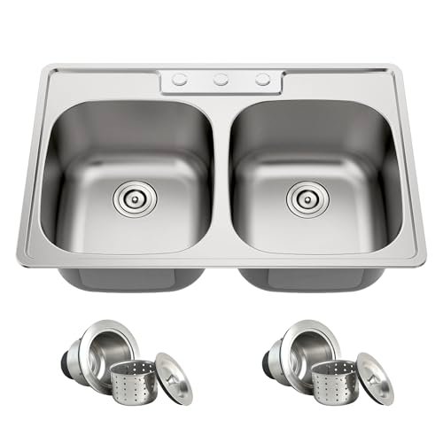 33x22 Drop In Double Bowl Kitchen Sink 33 Inch 50/50 Topmount 18 Gauge Stainless Steel Commercial Grade Satin Finish Sinks with Basket Strainer 33" x 22" x 9"