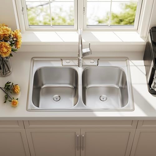 33x22 Drop In Double Bowl Kitchen Sink 33 Inch 50/50 Topmount 18 Gauge Stainless Steel Commercial Grade Satin Finish Sinks with Basket Strainer 33" x 22" x 9"