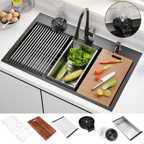 33x22 Inch Kitchen Sink Black Drop In Stainless Steel Kitchen Sinks 16 Gauge Single Bowl Workstation Luxury Top Mount Sink with 6 Accessories Include Glass Rinser (Black)