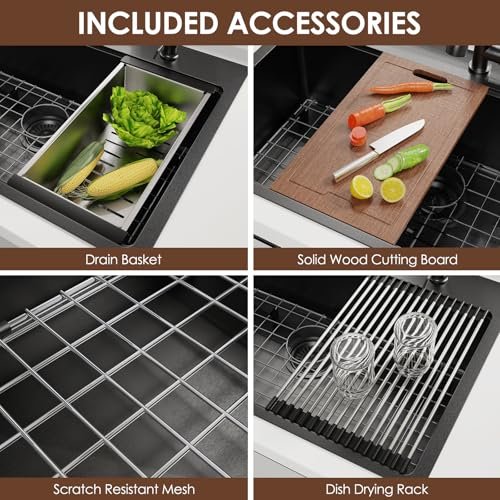 33x22 Inch Kitchen Sink Black Drop In Stainless Steel Kitchen Sinks 16 Gauge Single Bowl Workstation Luxury Top Mount Sink with 6 Accessories Include Glass Rinser (Black)