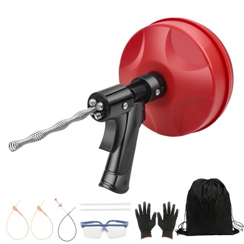 35FT Drain Snake with Drill Attachment, Auto/Manual Plumbing Snake for Kitchen Sink, Shower Clogs, Includes Gloves & Storage Bag
