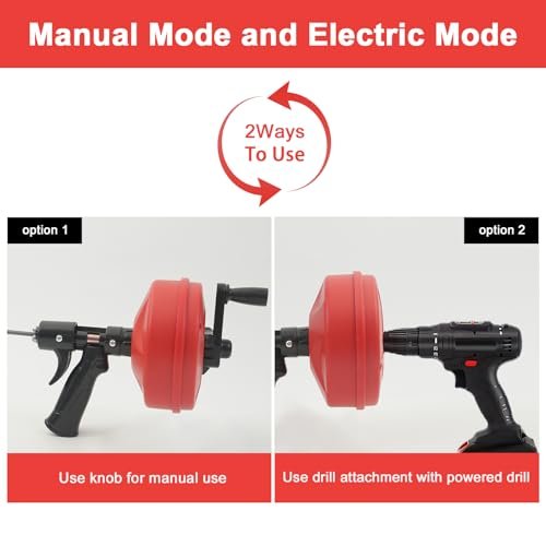 35FT Drain Snake with Drill Attachment, Auto/Manual Plumbing Snake for Kitchen Sink, Shower Clogs, Includes Gloves & Storage Bag