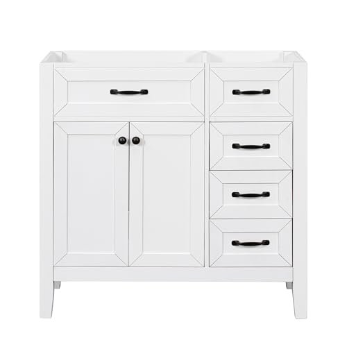 36" Bathroom Vanity Without Sink Modern Free Standing Solid Wood Frame Bathroom Cabinet Organizers and Storage with Cabinet Doors, 3 Drawers (No Basin Sink), White