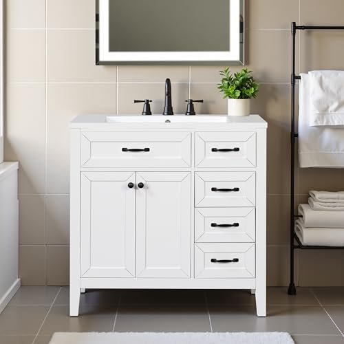 36" Bathroom Vanity Without Sink Modern Free Standing Solid Wood Frame Bathroom Cabinet Organizers and Storage with Cabinet Doors, 3 Drawers (No Basin Sink), White