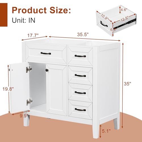 36" Bathroom Vanity Without Sink Modern Free Standing Solid Wood Frame Bathroom Cabinet Organizers and Storage with Cabinet Doors, 3 Drawers (No Basin Sink), White