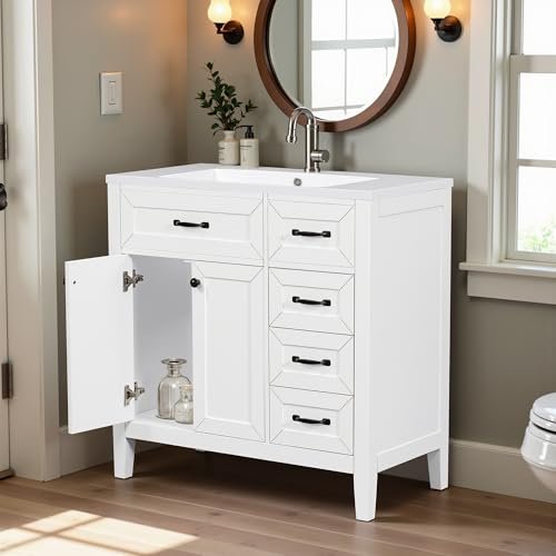 36" Bathroom Vanity Without Sink Modern Free Standing Solid Wood Frame Bathroom Cabinet Organizers and Storage with Cabinet Doors, 3 Drawers (No Basin Sink), White