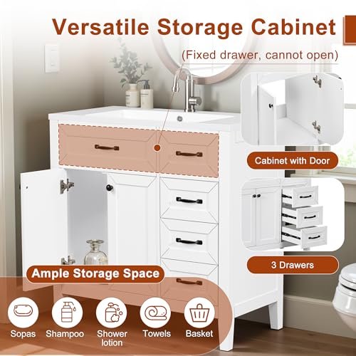 36" Bathroom Vanity Without Sink Modern Free Standing Solid Wood Frame Bathroom Cabinet Organizers and Storage with Cabinet Doors, 3 Drawers (No Basin Sink), White