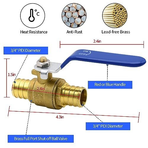4/10/20pcs PEX Ball Valves, 3/4" PEX Brass Full Port Shut Off Ball Valve, Full Port Shut-off Ball Valve, Quarter Turn HOT (RED) COLD (BLUE) of Water Stop Shut off (3/4", 10pcs)