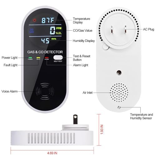 4-in-1 Combination Gas & Carbon Monoxide Detector,Dual Sensor Natural Gas Leak Detector & Carbon Monoxide Detectors Plug in (Temperature & Humidity) for Home,RV,Apartment
