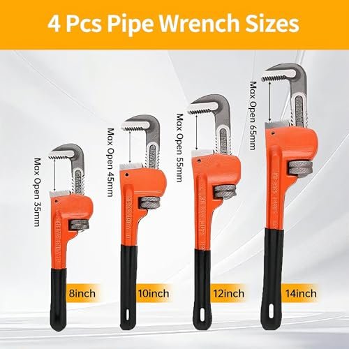 4 Pack Heavy Duty Pipe Wrench Set, 8'' 10'' 12'' and 14'' Adjustable Jaw Plumbing Wrench, Heat-Treated Chromium Vanadium Steel Pipe Tools with Anti-Vibration Grip for Industrial/Domestic Pipe Repair