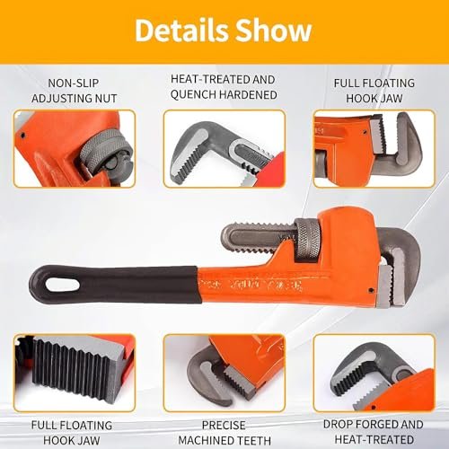 4 Pack Heavy Duty Pipe Wrench Set, 8'' 10'' 12'' and 14'' Adjustable Jaw Plumbing Wrench, Heat-Treated Chromium Vanadium Steel Pipe Tools with Anti-Vibration Grip for Industrial/Domestic Pipe Repair
