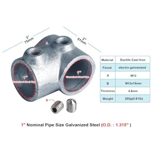 4 PCS Single-Socket 90° Tee Fitting, Fits 1" Nominal Structural Pipe(Actual OD: 1.315"), Ductile Cast Iron