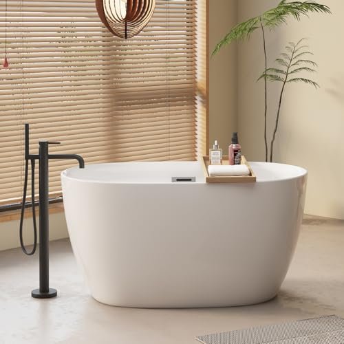 47" Acrylic Freestanding Bathtubs, Oval Shaped Soaking Tub, Stand Alone Tubs with Pop-UP Chrome Drain for Small Bathroom, Slotted Overflow, cUPC Certified -Gloss White