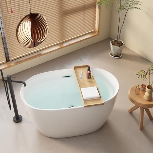 47" Acrylic Freestanding Bathtubs, Oval Shaped Soaking Tub, Stand Alone Tubs with Pop-UP Chrome Drain for Small Bathroom, Slotted Overflow, cUPC Certified -Gloss White