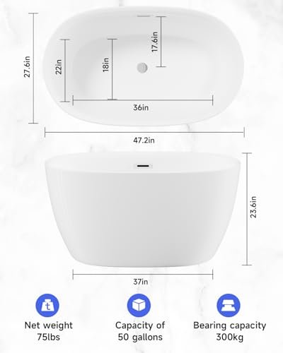 47" Acrylic Freestanding Bathtubs, Oval Shaped Soaking Tub, Stand Alone Tubs with Pop-UP Chrome Drain for Small Bathroom, Slotted Overflow, cUPC Certified -Gloss White