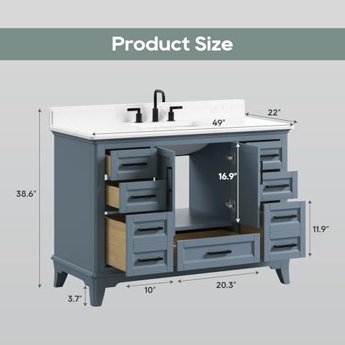 48 Inch Bathroom Vanity with Sink, Modern Steel Blue Bathroom Cabinet with Soft Closing Doors & Dovetail Drawers, Quartz Countertop, No Assembly Required