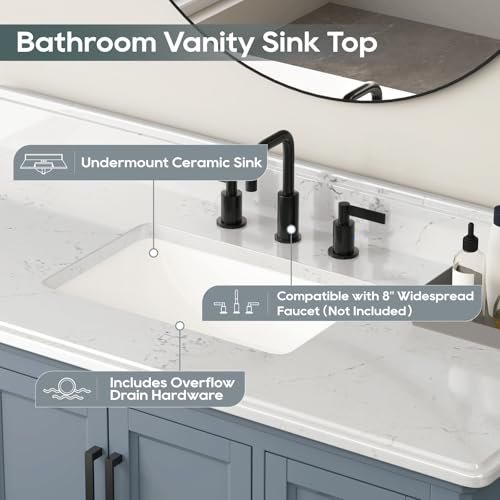 48 Inch Bathroom Vanity with Sink, Modern Steel Blue Bathroom Cabinet with Soft Closing Doors & Dovetail Drawers, Quartz Countertop, No Assembly Required