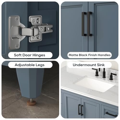 48 Inch Bathroom Vanity with Sink, Modern Steel Blue Bathroom Cabinet with Soft Closing Doors & Dovetail Drawers, Quartz Countertop, No Assembly Required
