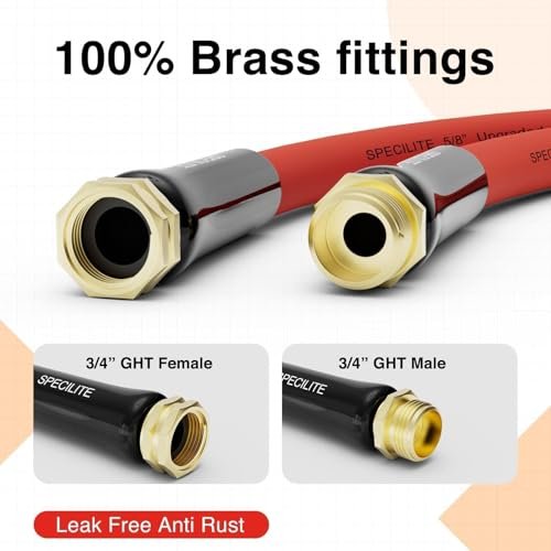 5/8" Hot/Cold Rubber Garden Water Hose 50 ft, -50℉-190℉, 200psi Working, 600psi Burst, Flexible & Lightweight With 3/4" Brass Fittings for Yard, Outdoor, Farm, Agriculture, Construction, Red