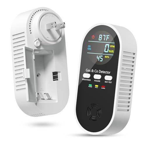 5-in-1 Gas Leak Detector & Carbon Monoxide Detectors Plug in, Portable Carbon Monoxide Detector with Brightness & Volume Adjustment, Temperature & Humidity, Battery Backup for Home/RV/Travel/Camping