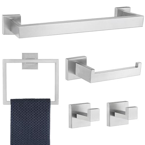 5 Pieces Bathroom Hardware Accessories Set Brushed Nickel, 16Inch Square Towel Racks Set for Bathroom, SUS304 Stainless Steel Towel Bar Set, Bath Accessories Sets Wall Mounted