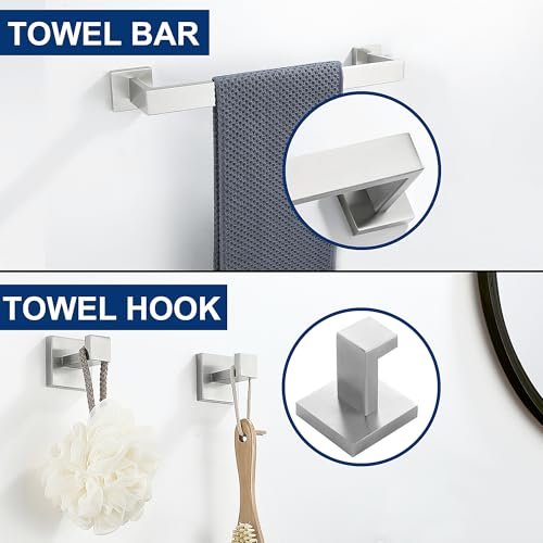 5 Pieces Bathroom Hardware Accessories Set Brushed Nickel, 16Inch Square Towel Racks Set for Bathroom, SUS304 Stainless Steel Towel Bar Set, Bath Accessories Sets Wall Mounted