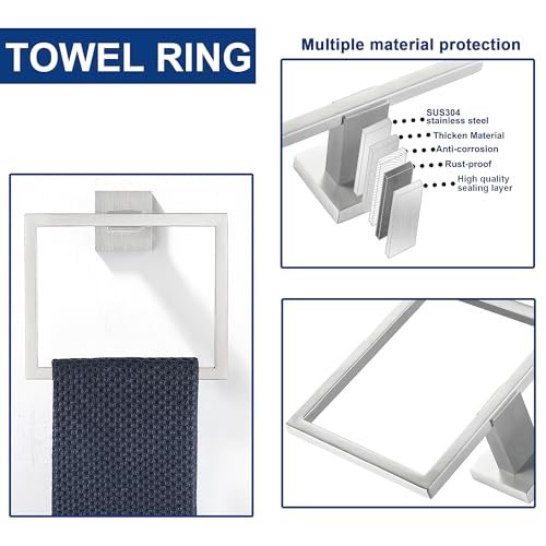 5 Pieces Bathroom Hardware Accessories Set Brushed Nickel, 16Inch Square Towel Racks Set for Bathroom, SUS304 Stainless Steel Towel Bar Set, Bath Accessories Sets Wall Mounted
