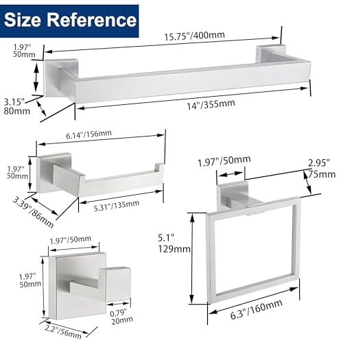 5 Pieces Bathroom Hardware Accessories Set Brushed Nickel, 16Inch Square Towel Racks Set for Bathroom, SUS304 Stainless Steel Towel Bar Set, Bath Accessories Sets Wall Mounted