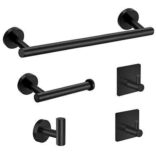 5-Pieces Matte Black Bathroom Hardware Set SUS304 Stainless Steel Round Wall Mounted - Includes 16" Hand Towel Bar, Toilet Paper Holder, 3 Robe Towel Hooks,Bathroom Accessories Kit