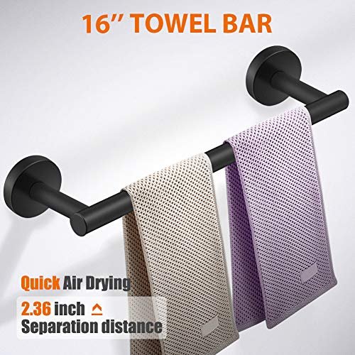 5-Pieces Matte Black Bathroom Hardware Set SUS304 Stainless Steel Round Wall Mounted - Includes 16" Hand Towel Bar, Toilet Paper Holder, 3 Robe Towel Hooks,Bathroom Accessories Kit