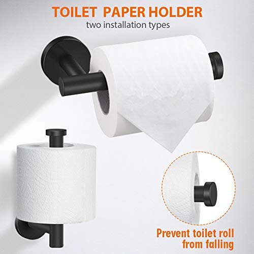 5-Pieces Matte Black Bathroom Hardware Set SUS304 Stainless Steel Round Wall Mounted - Includes 16" Hand Towel Bar, Toilet Paper Holder, 3 Robe Towel Hooks,Bathroom Accessories Kit