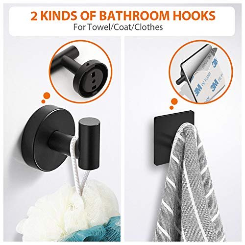 5-Pieces Matte Black Bathroom Hardware Set SUS304 Stainless Steel Round Wall Mounted - Includes 16" Hand Towel Bar, Toilet Paper Holder, 3 Robe Towel Hooks,Bathroom Accessories Kit