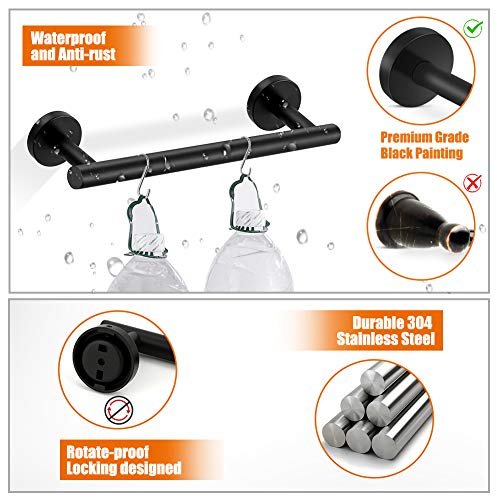 5-Pieces Matte Black Bathroom Hardware Set SUS304 Stainless Steel Round Wall Mounted - Includes 16" Hand Towel Bar, Toilet Paper Holder, 3 Robe Towel Hooks,Bathroom Accessories Kit