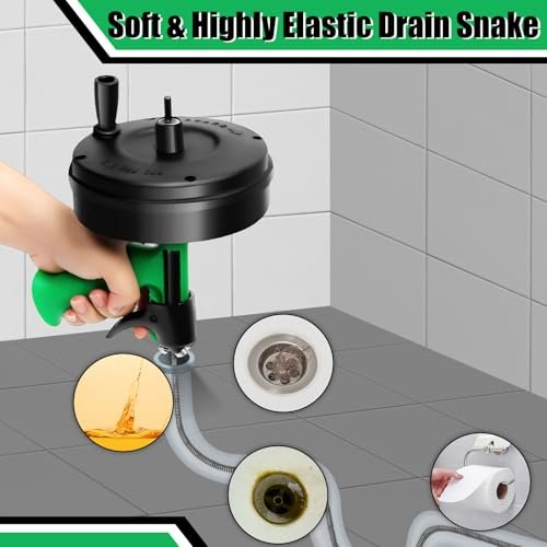 50 Ft Drain Snake, Fast Unclog Snake, Manual & Electric Drain Auger for Shower Sink, Toilet and Kitchen, Plumbing Auger Comes with Gloves and Bag, 1/4 Inch, Green
