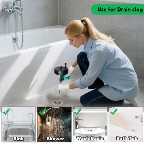 50 Ft Drain Snake, Fast Unclog Snake, Manual & Electric Drain Auger for Shower Sink, Toilet and Kitchen, Plumbing Auger Comes with Gloves and Bag, 1/4 Inch, Green