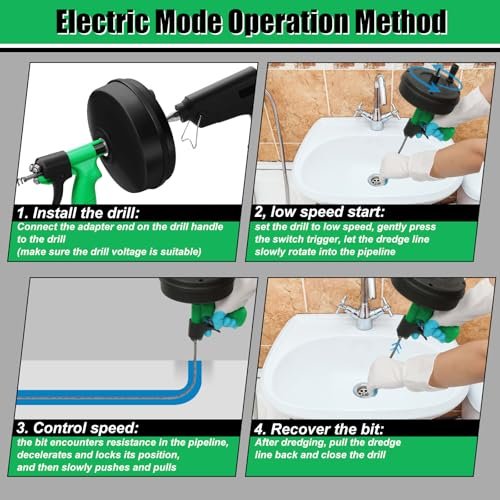 50 Ft Drain Snake, Fast Unclog Snake, Manual & Electric Drain Auger for Shower Sink, Toilet and Kitchen, Plumbing Auger Comes with Gloves and Bag, 1/4 Inch, Green