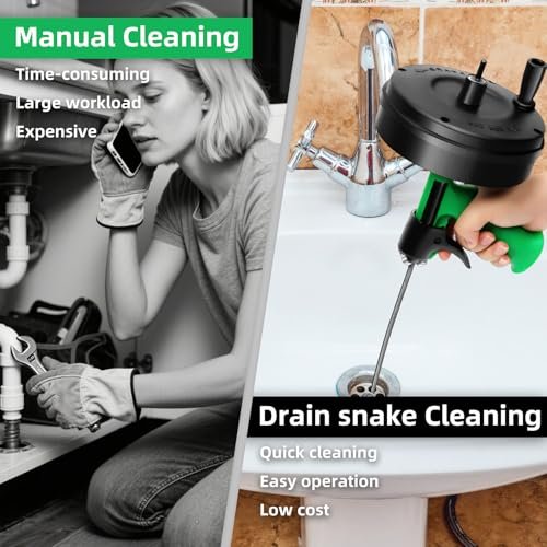 50 Ft Drain Snake, Fast Unclog Snake, Manual & Electric Drain Auger for Shower Sink, Toilet and Kitchen, Plumbing Auger Comes with Gloves and Bag, 1/4 Inch, Green