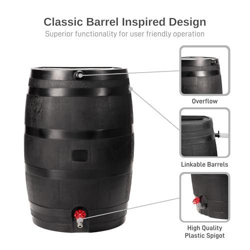 50-Gallon ECO Rain Barrel Made with 100% Recycled Plastic, Flat Back Rain Water Collection Barrel, Black