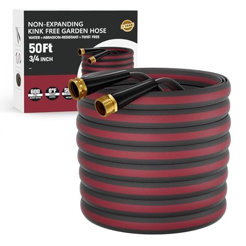 50ft Non-Expanding Garden Hose with 8-Layer Latex Core, Lightweight & Kink-Free, Flexible Heavy Duty Water Hose for Lawn, Yard, Car Washing (3/4" Solid Brass Fittings, Crush-Resistant)