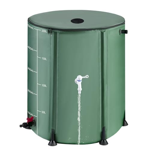 53 Gallon Collapsible Rain Barrel with 12 Half Poles, 200L Protable Rainwater Collection System Kit with Zipper, 1000D Oxford Rain Catcher Barrel Outdoor Garden with 1 Spigot and 2 Overflow