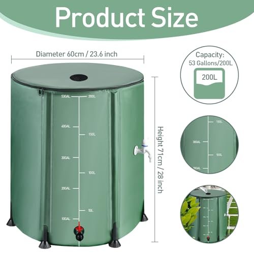 53 Gallon Collapsible Rain Barrel with 12 Half Poles, 200L Protable Rainwater Collection System Kit with Zipper, 1000D Oxford Rain Catcher Barrel Outdoor Garden with 1 Spigot and 2 Overflow