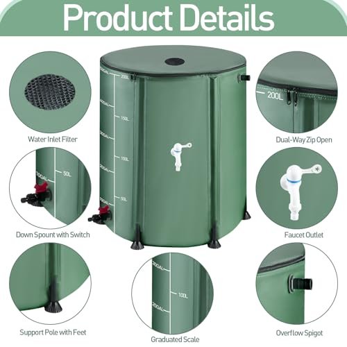 53 Gallon Collapsible Rain Barrel with 12 Half Poles, 200L Protable Rainwater Collection System Kit with Zipper, 1000D Oxford Rain Catcher Barrel Outdoor Garden with 1 Spigot and 2 Overflow