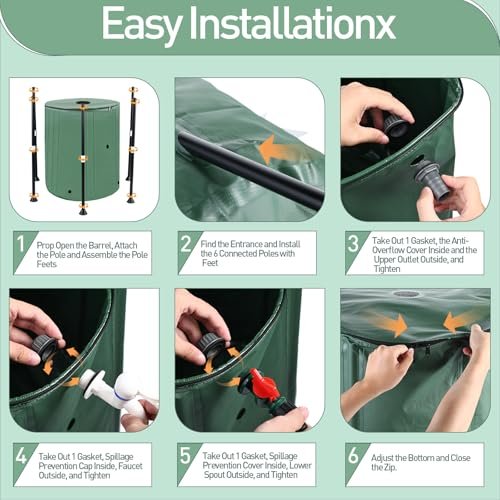 53 Gallon Collapsible Rain Barrel with 12 Half Poles, 200L Protable Rainwater Collection System Kit with Zipper, 1000D Oxford Rain Catcher Barrel Outdoor Garden with 1 Spigot and 2 Overflow