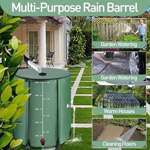 53 Gallon Collapsible Rain Barrel with 12 Half Poles, 200L Protable Rainwater Collection System Kit with Zipper, 1000D Oxford Rain Catcher Barrel Outdoor Garden with 1 Spigot and 2 Overflow