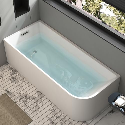 59 x 28 inch Corner Bathtub Left Drain, Modern Freestanding Soaking Tub, Stand Alone Acrylic Tubs with Left Hand Drain & Overflow, 59" L x 28-3/4" W, Glossy White,Sapce Saving