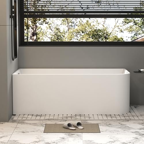 59 x 28 inch Corner Bathtub Left Drain, Modern Freestanding Soaking Tub, Stand Alone Acrylic Tubs with Left Hand Drain & Overflow, 59" L x 28-3/4" W, Glossy White,Sapce Saving