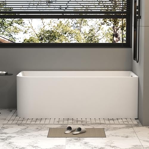 59 x 28 inch Corner Bathtub Right Drain, Modern Freestanding Soaking Tub, Deep Spa Stand Alone Acrylic Tubs with Right Hand Drain & Overflow, 59" L x 28-3/4" W, Glossy White,Sapce Saving