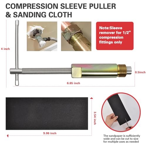 6 Pcs Plumbing Tools Kit with Angle Stop Wrench & 1/2-Inch Compression Sleeve Puller, Professional Plumbers Wrench, Sandpaper and Storage Bag for Frozen/Corroded Angle Stop
