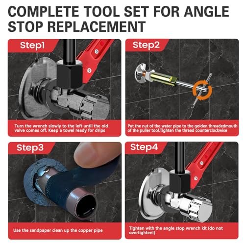 6 Pcs Plumbing Tools Kit with Angle Stop Wrench & 1/2-Inch Compression Sleeve Puller, Professional Plumbers Wrench, Sandpaper and Storage Bag for Frozen/Corroded Angle Stop